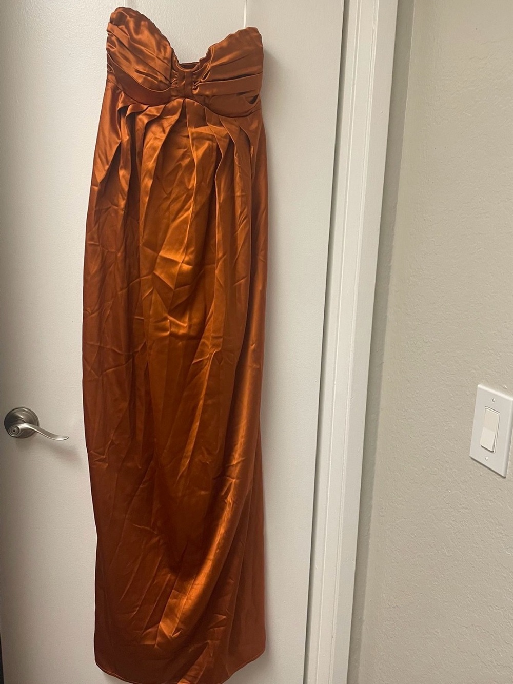 Memorable Entrance Rust Orange Strapless Satin Dress - Picture 4 of 7